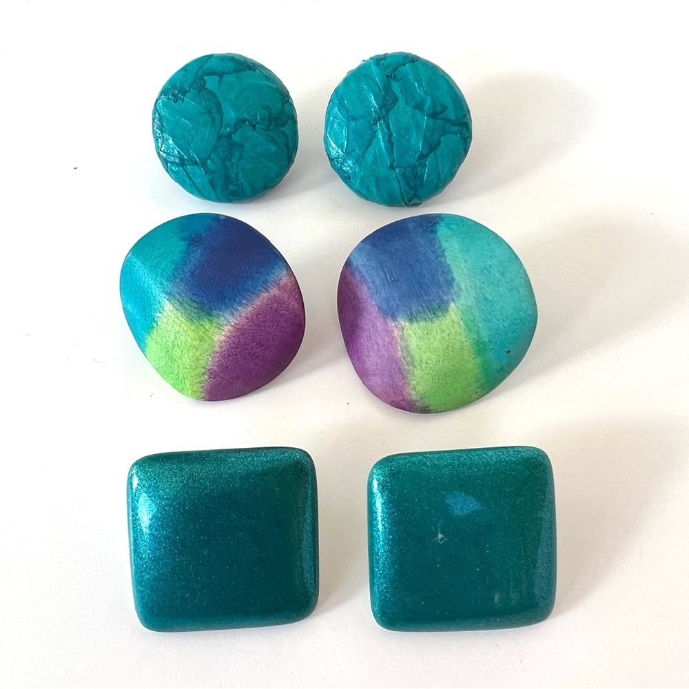 Vintage Teal Blue Set of 3 Earrings 1980s